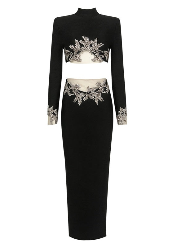 Long Sleeve Lace Patchwork Sequin Short Top with High Waist Pencil Skirt Two-Piece