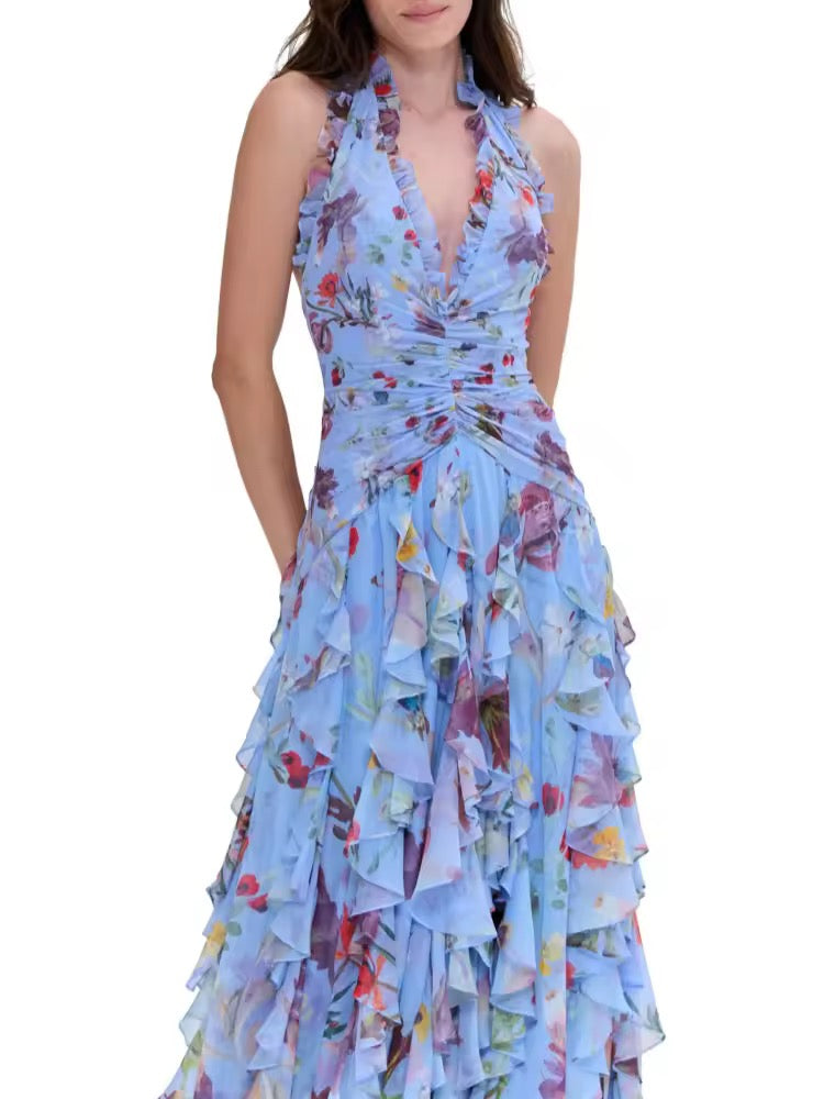Halter Neck Blue Floral Print Ruched Long Dress