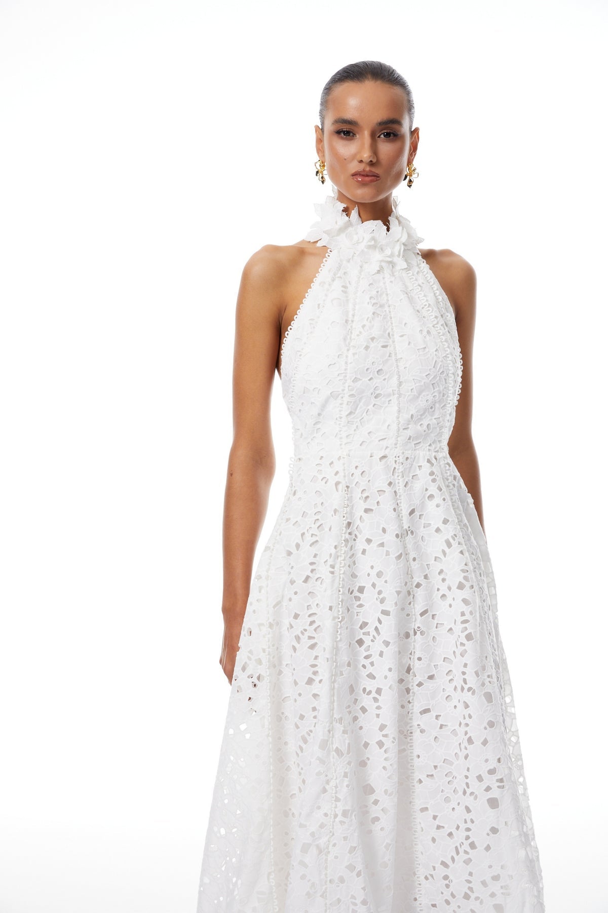 White Halterneck Corded Lace Midi Dress