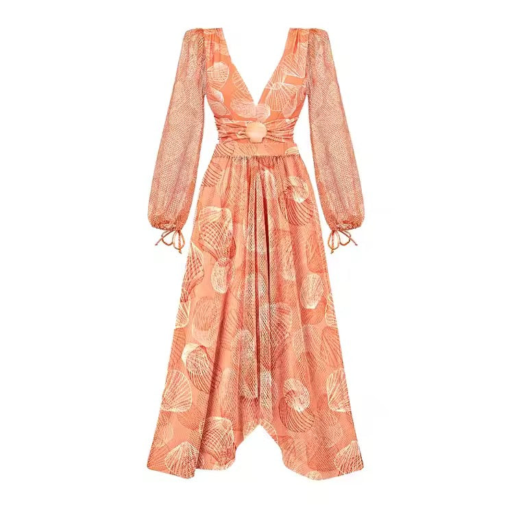 V Neck Shell Print Decor Long Sleeve One Piece Swimsuit and Skirt