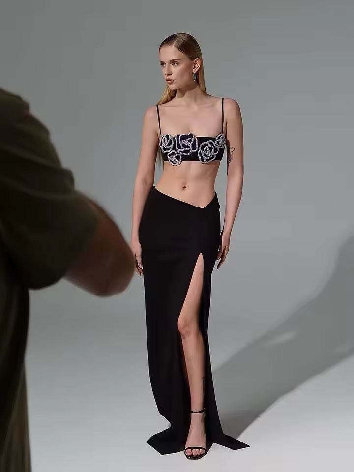 Backless Sling Diamond Flower Top Maxi Long Skirt Set