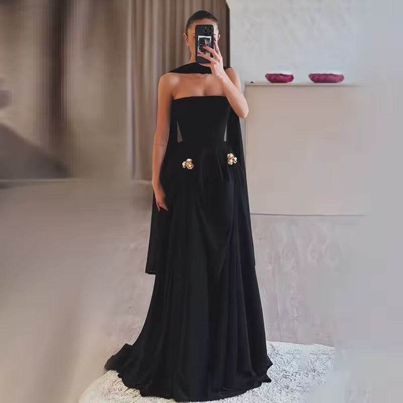 Pearl Flower Decorated Chiffon Strapless Black dress
