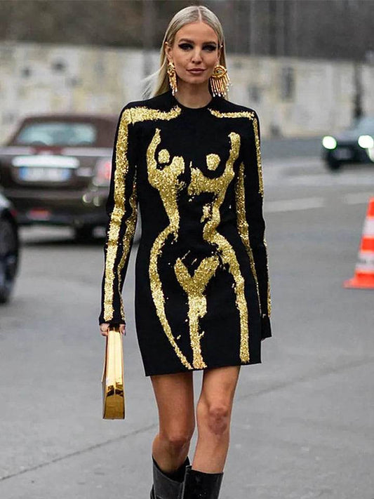 Long sleeved Gold Printed Tight Mini Bandage Dress - REBECATHELABEL