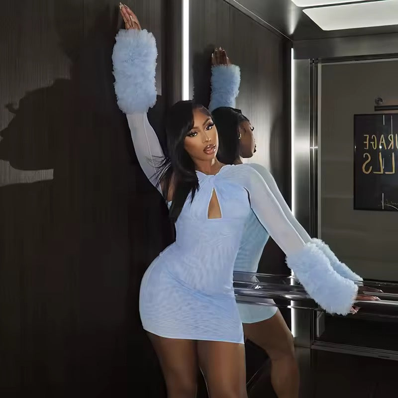 Furry Patchwork See Through Full Sleeve Sexy Hollow Cross dress