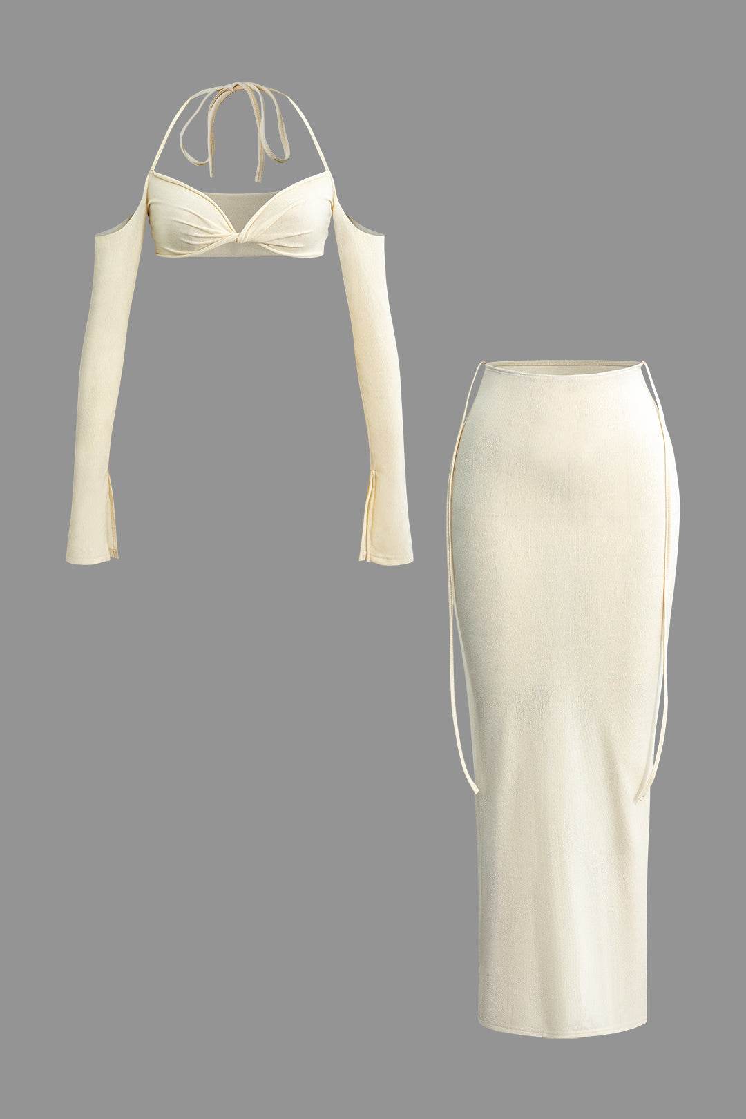 Twist Tie Halter Long Sleeve Bra Top And Maxi Skirt Set - REBECATHELABEL