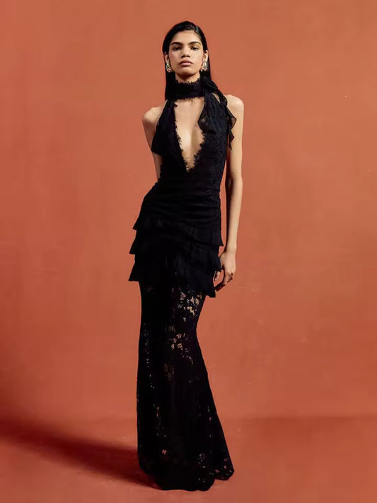 Lace Patchwork Halter Long Dress