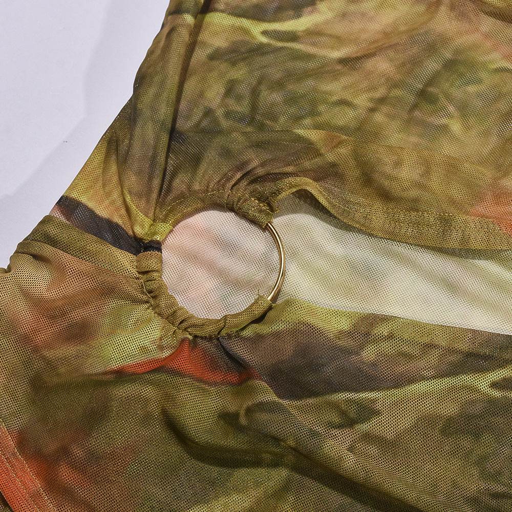 Mesh Floral Print Cropped Exposed Irregular Asymmetric Dress - REBECATHELABEL