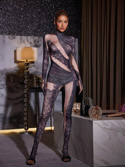 Rhinestone Printed Gloves Jumpsuit - REBECATHELABEL