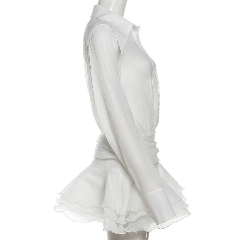 Polo Collar V Neck Flared Sleeves Voile Slim Fit Dress - REBECATHELABEL