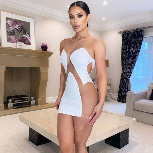 Mesh See-through Stitching Milk Silk Dress - REBECATHELABEL