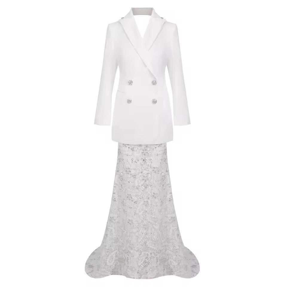 Diamond Backless Blazer Sequin See Through Lace Skirt set