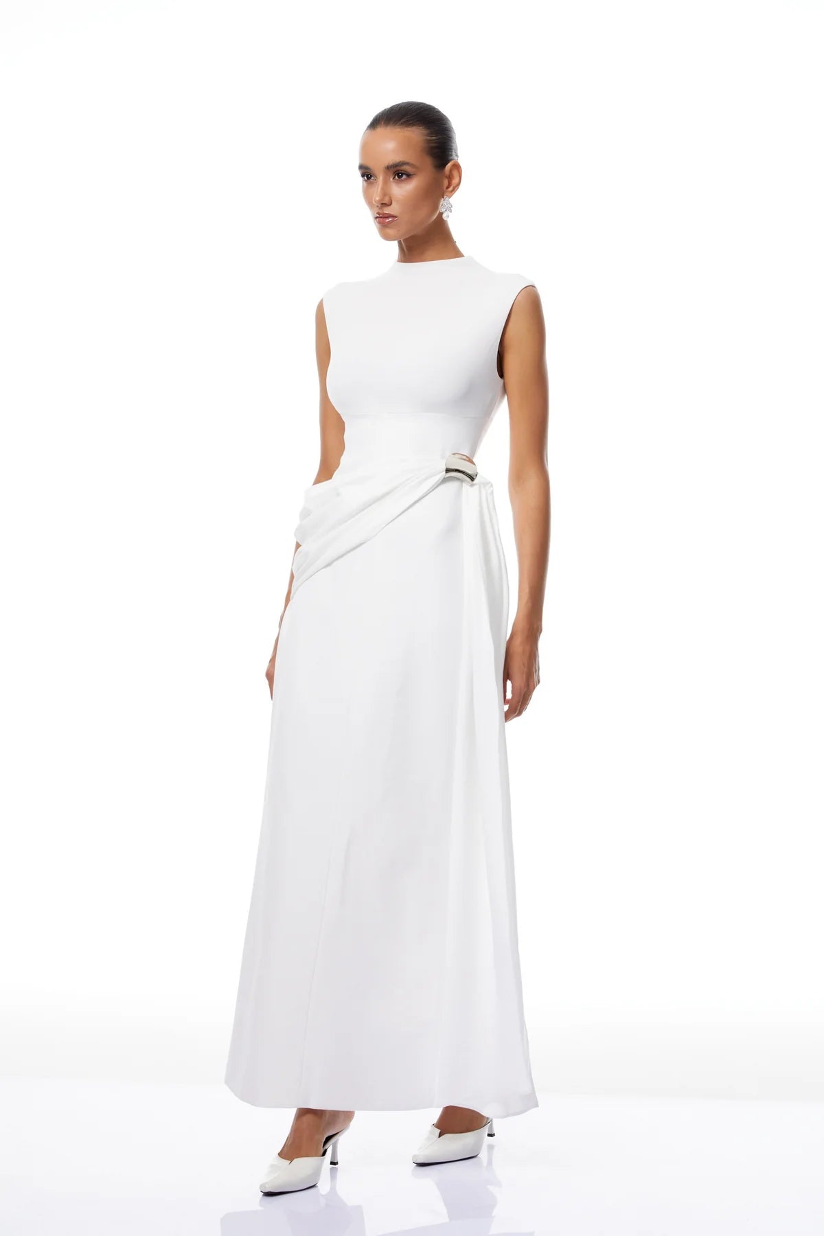 White Knit Panel Gathered Maxi Dress
