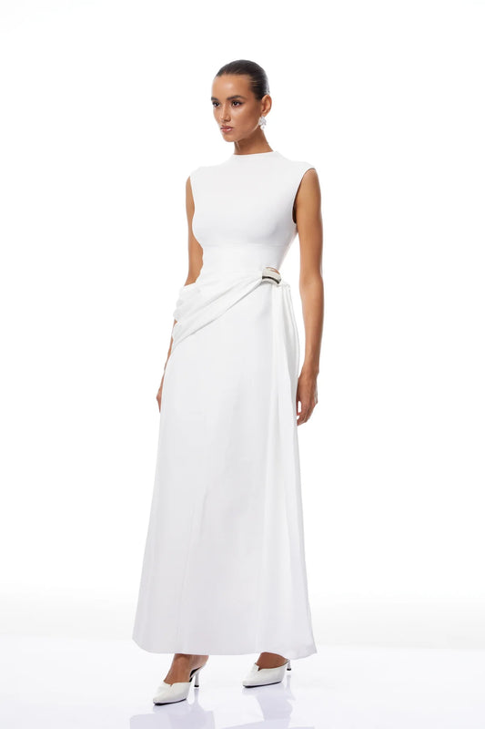 White Knit Panel Gathered Maxi Dress