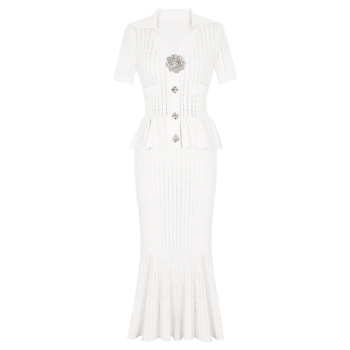 Knitted Collar Slim Fit Short Sleeved Three-dimensional Flower Button Long dress