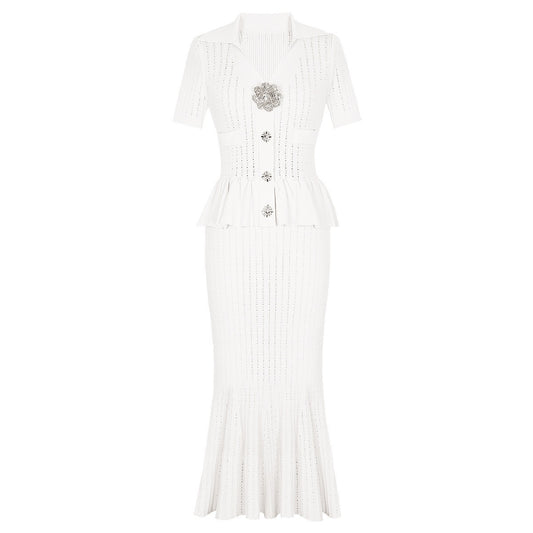 Knitted Collar Slim Fit Short Sleeved Three-dimensional Flower Button Long dress