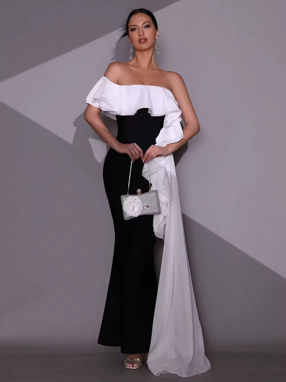 Off Shoulder Ruffle Slim Bandage Long Dress