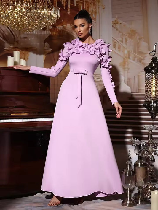 Splicing Appliques Long Sleeves High Waist Large Hem A-Line dress