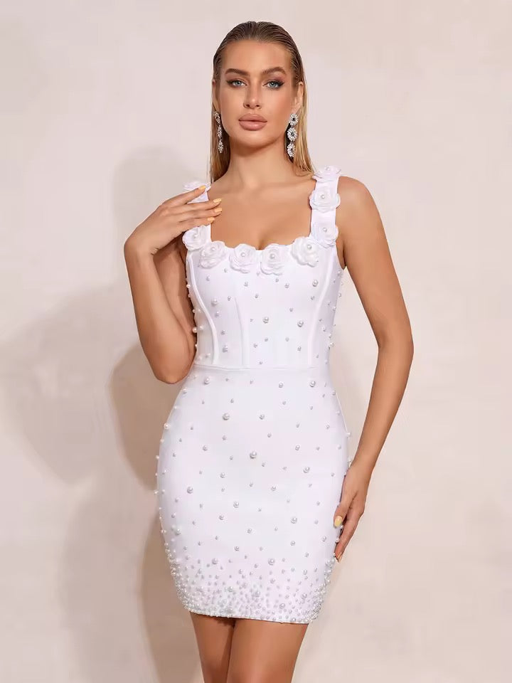 White Pearl Splicing Flowers Bandage Mini Dress Spaghetti Strap Bodycon Party Dress