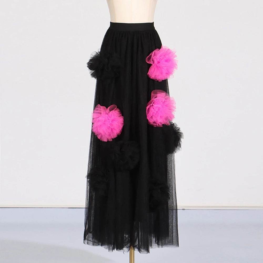 Black Tassel Mesh 3D Flower Sexy Hundred Fold Long Skirt - REBECATHELABEL