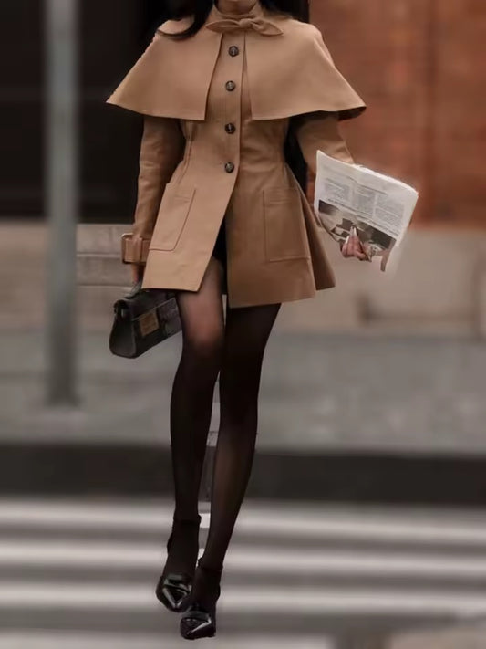 Spliced Bow Tie Cape Design Waist Tied Midi Trenchs