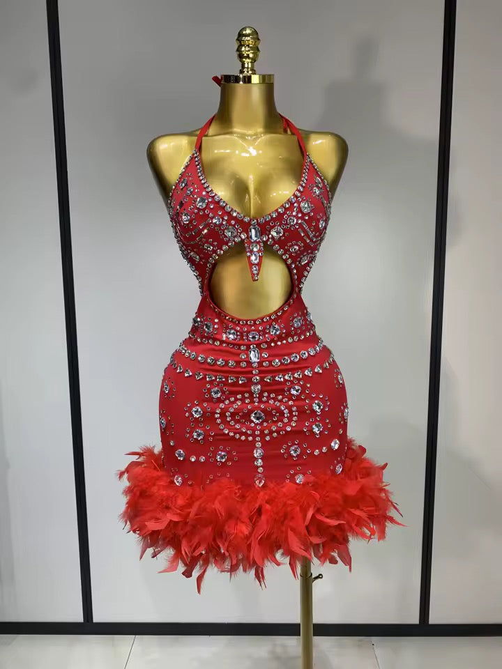 Halter Crystal Feathers Bodycon Mini Dress