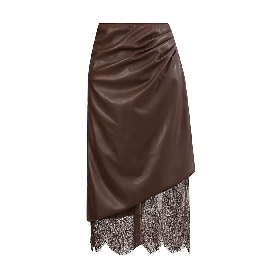 Coffee Black Pu Leather Midi Skirt