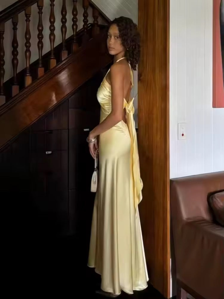 Yellow Sleeveless Halter Neck Backless Slim Long Dress