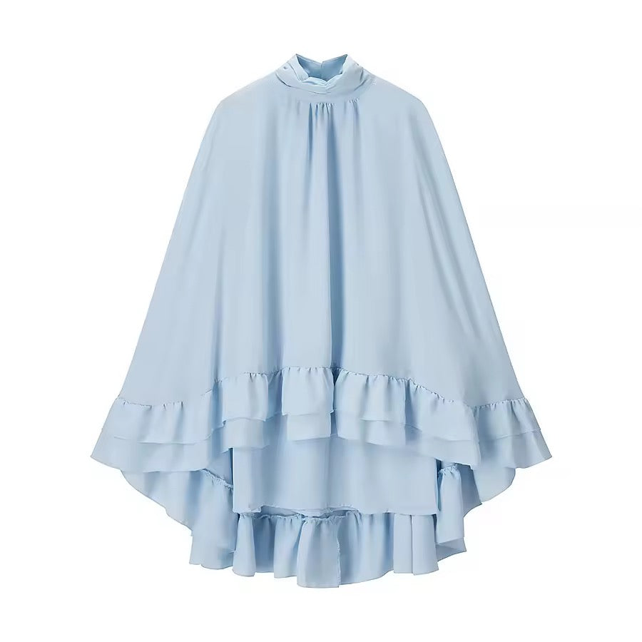Ruffle Mini Dress Chiffon Loose High Neck Trumpet Sleeve Blue Dress