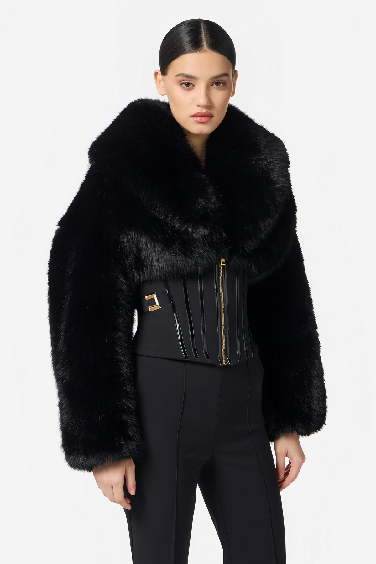 Black Faux-Fur Corset Panel Jacket