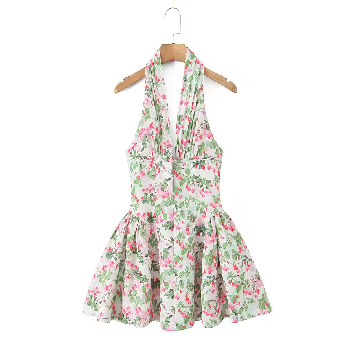 Floral Leaves Print Pleated Ruched Halter Dress