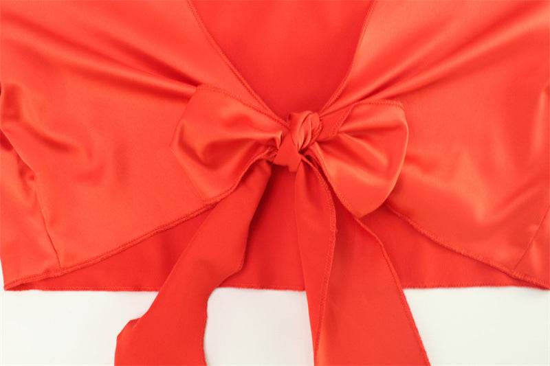 Lace Up Long Sleeve Sexy French V Neck Low Waist set - REBECATHELABEL