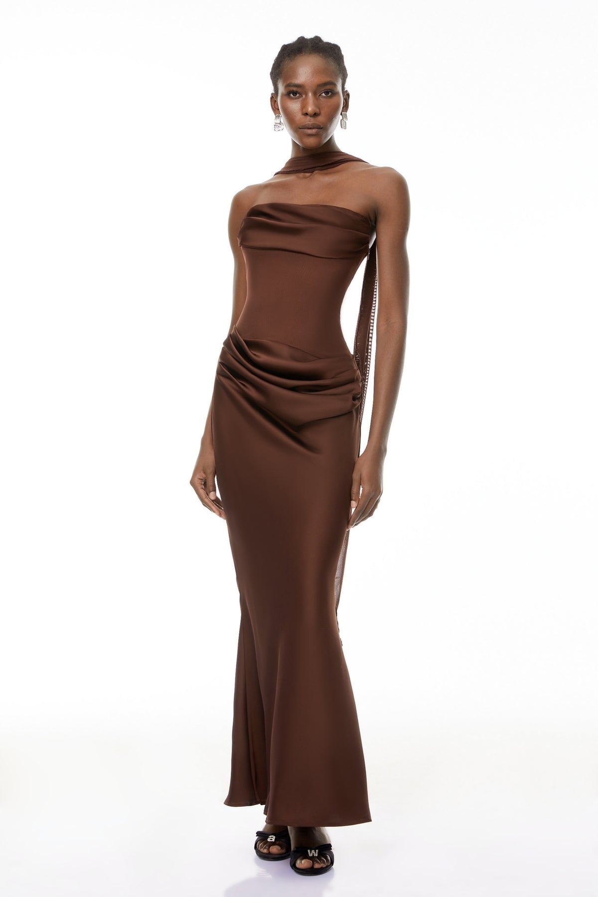 Brown Ruched Corset Maxi Dress (Without Gloves