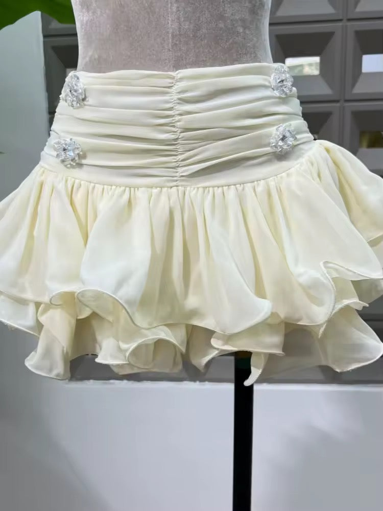 Culottes Two Piece Set Sexy Lace-up Ruffles Long Sleeves Top + Diamonds Mini Skirts Suits