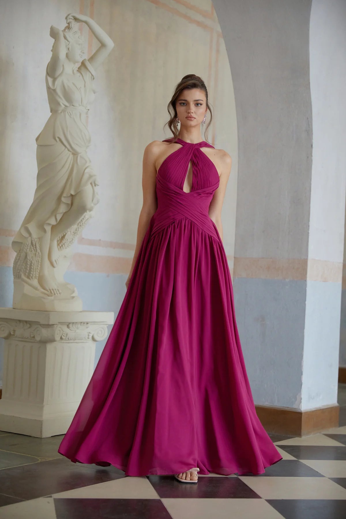 Purple Cross-Over Pleated Maxi Dress