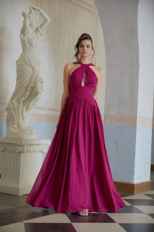 Purple Cross-Over Pleated Maxi Dress