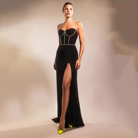 Sleeveless Crystal Diamond High Split Long Bandage Dress - REBECATHELABEL