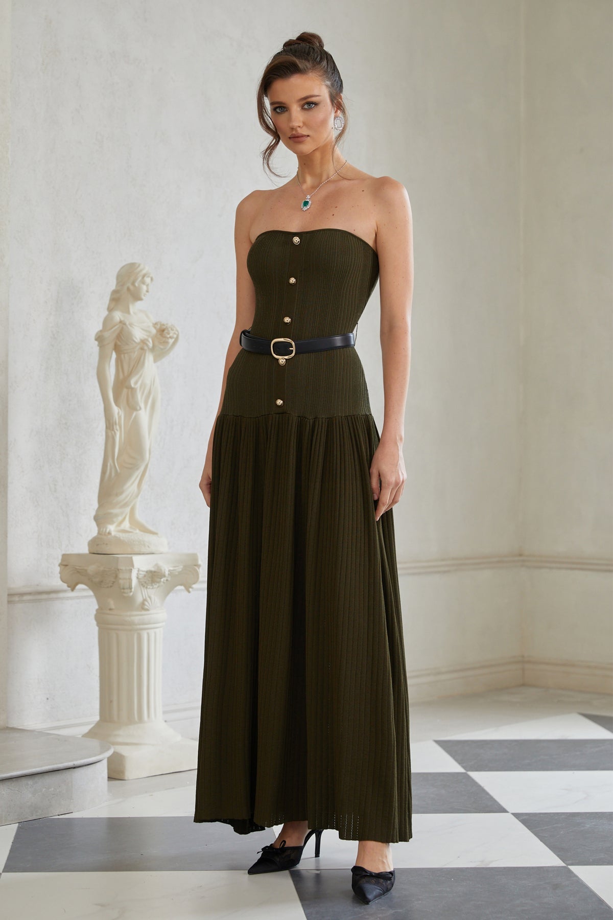 Green Off Shoulder Ribbed Knit Maxi Dress