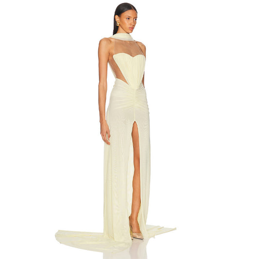 Halter Neck Mesh Pleats Sweetheart Bodice Patchwork dress