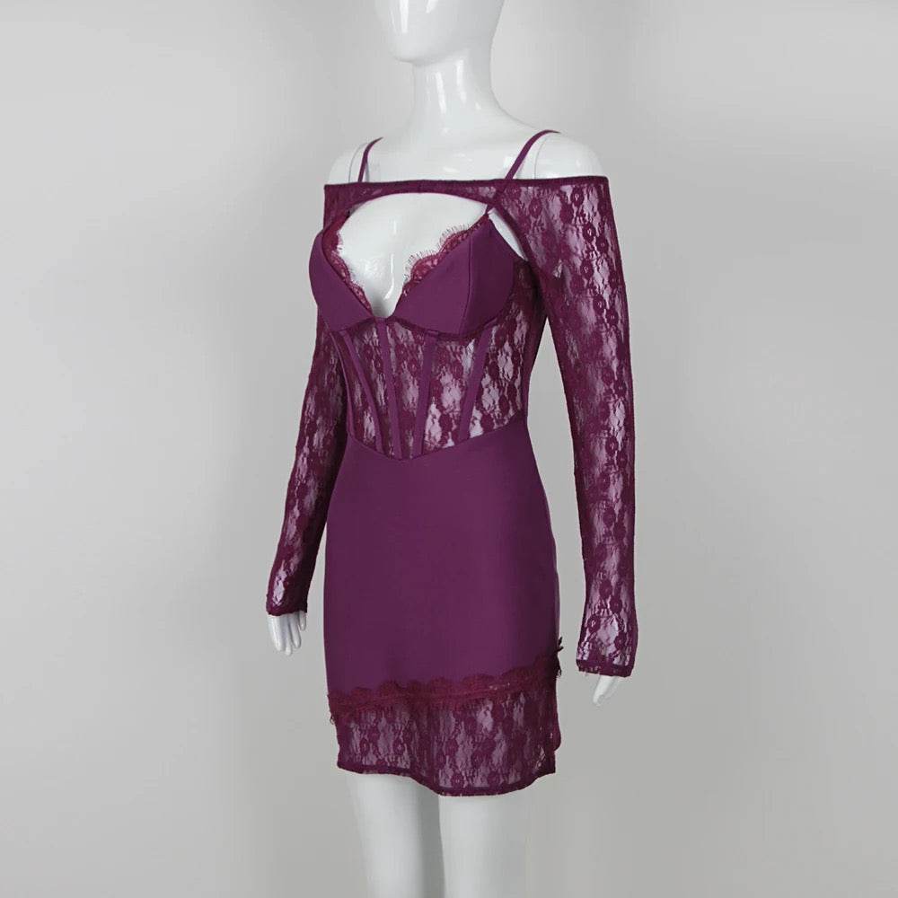 Off the Shoulder Long Sleeve Lace Mini Bandage Dress - REBECATHELABEL