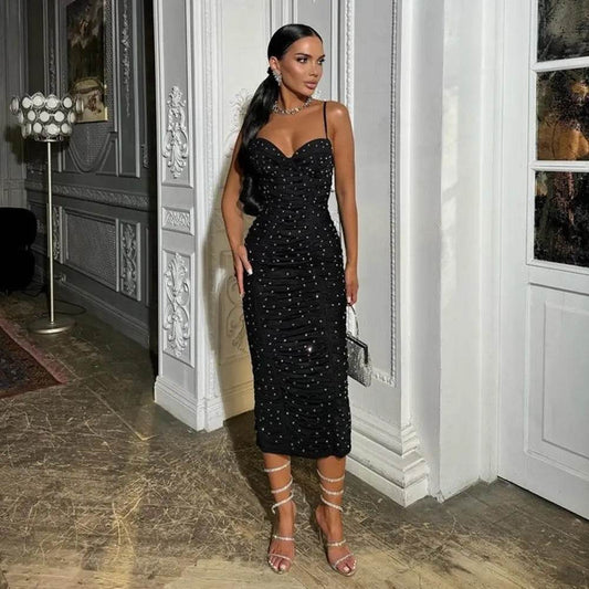 Italian Noodle Strap Black Diamond Draped Tight Midi Bandage Dress - REBECATHELABEL