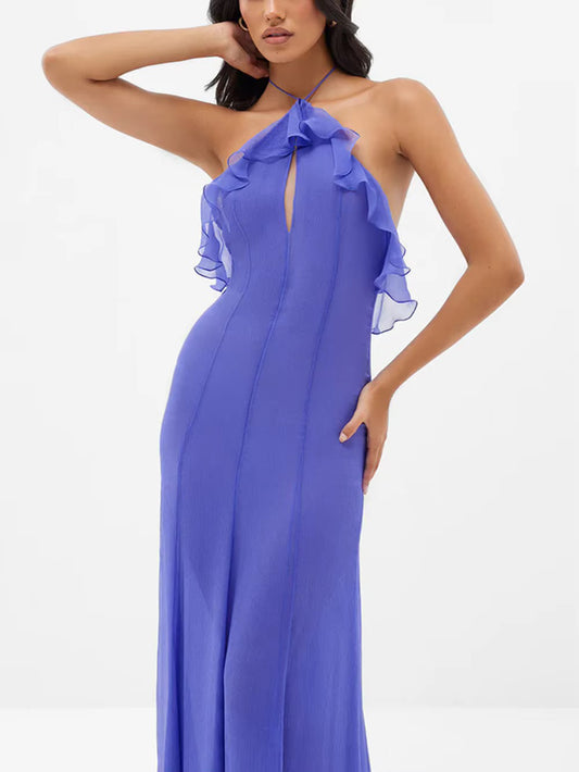 Chic Ruffles Hollow Out Halter Long Vacation Dress
