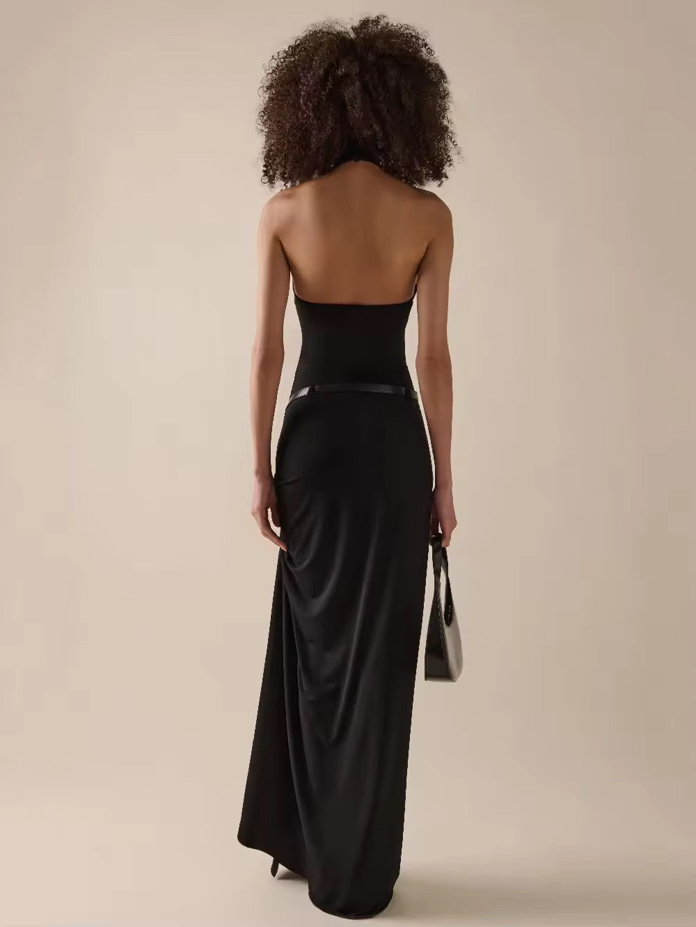 Backless Halter Belt Design Slim Fit Black Long Dress