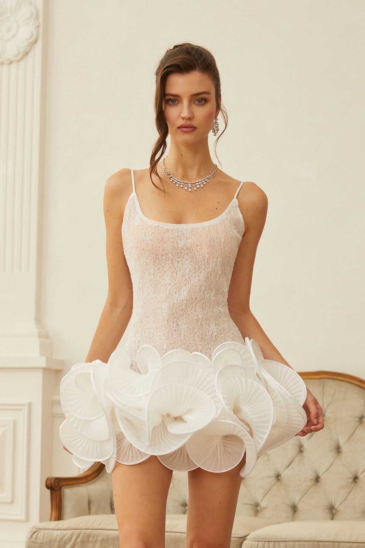 White Petal Hem Lace Mini Dress