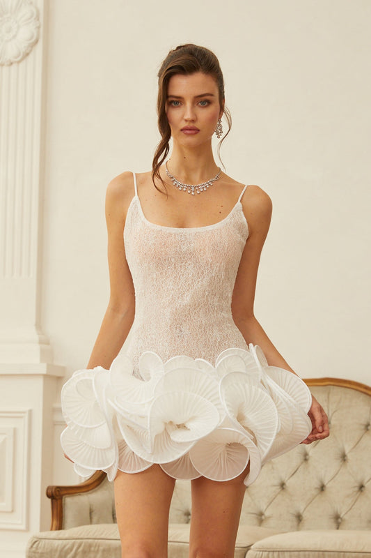 White Petal Hem Lace Mini Dress