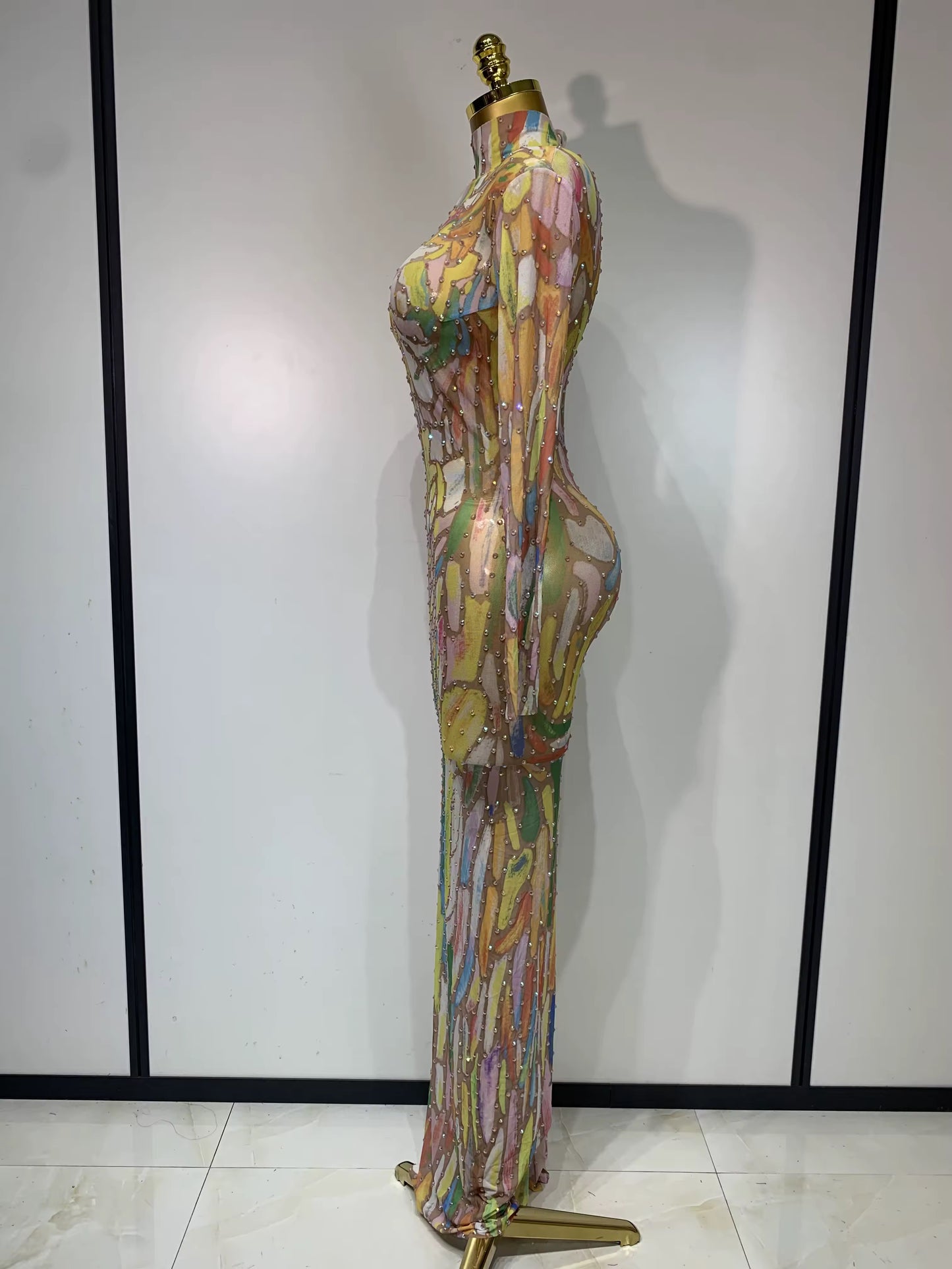 Sparkly Rhinestone Stretchy Mesh See Through dress