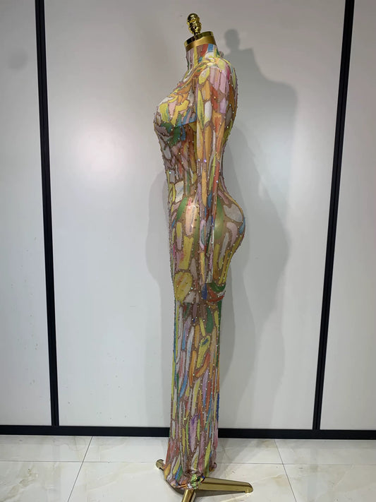 Sparkly Rhinestone Stretchy Mesh See Through dress