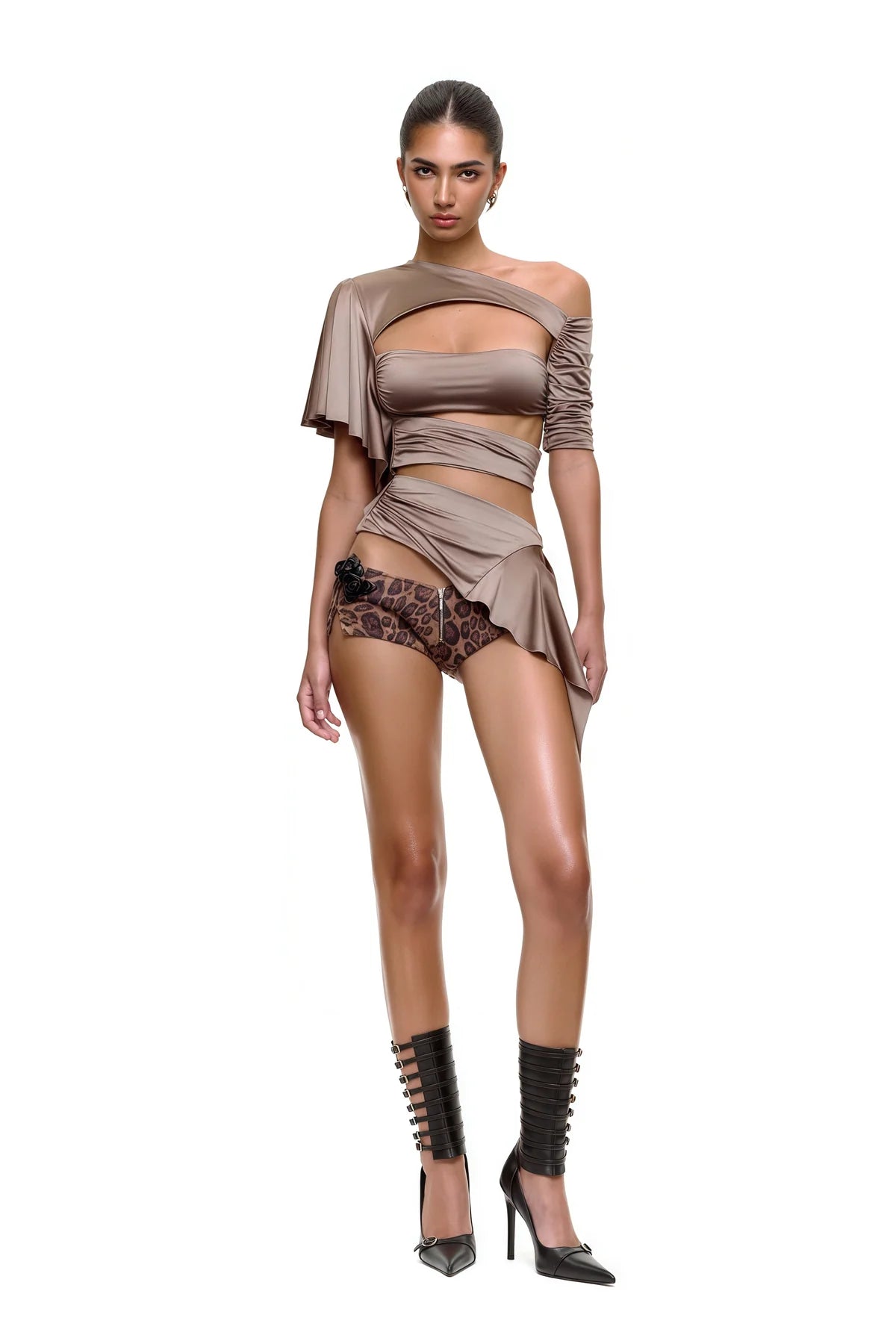 Brown Asymmetrical Cut Out Satin Top