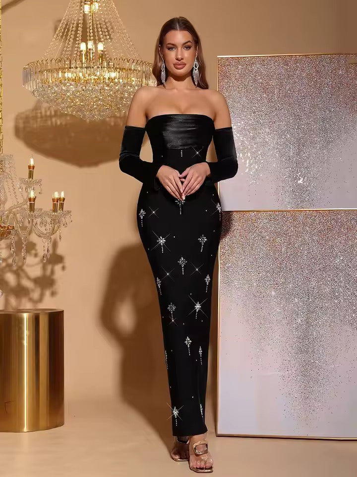 Off-shoulder Backless Diamond Bandage Sexy Maxi Dress