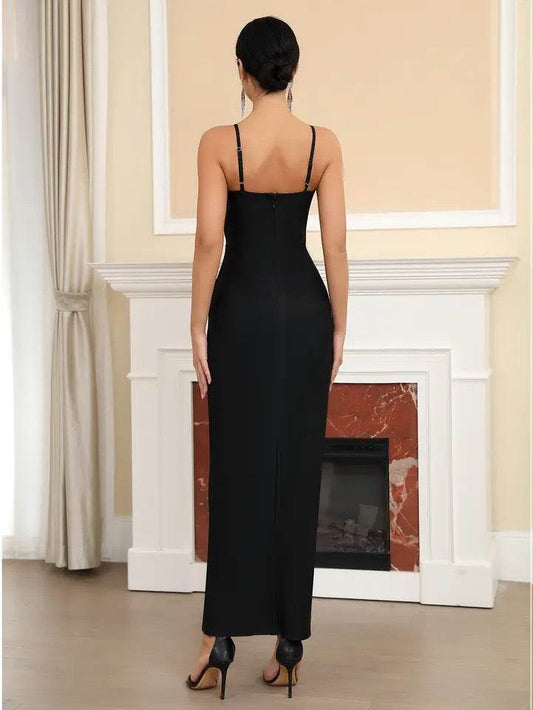 V-neck Sleeveless Diamond Tight Long Bandage Dress - REBECATHELABEL