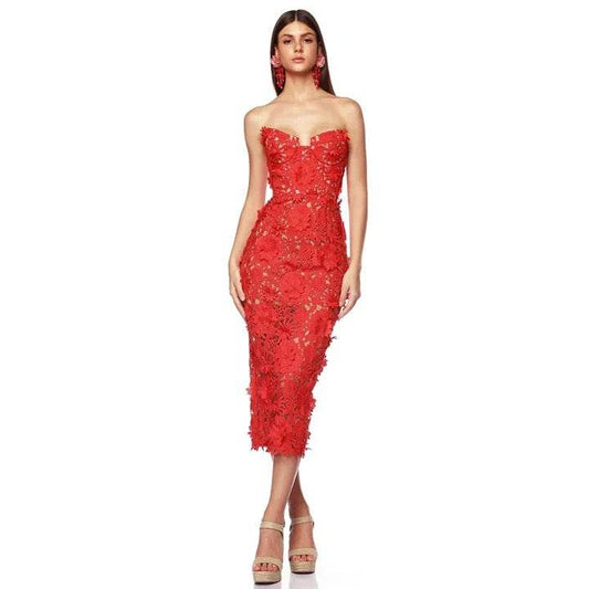 Strapless Flower Lace Midi Tight Bandage Dress - REBECATHELABEL